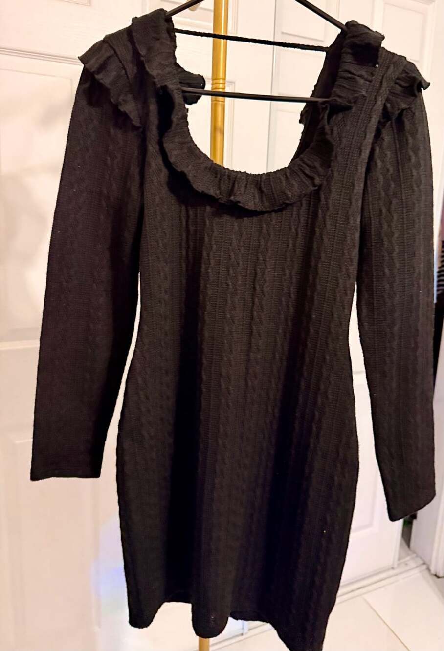 19 COOPER Black Sweater Mini Dress Ruffled Round Neck Cable Knit Lined Women M